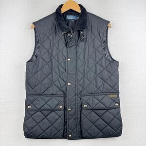 Polo Ralph Lauren Club Mens Medium Black Quilted Vest Corduroy Collar Snap Zip